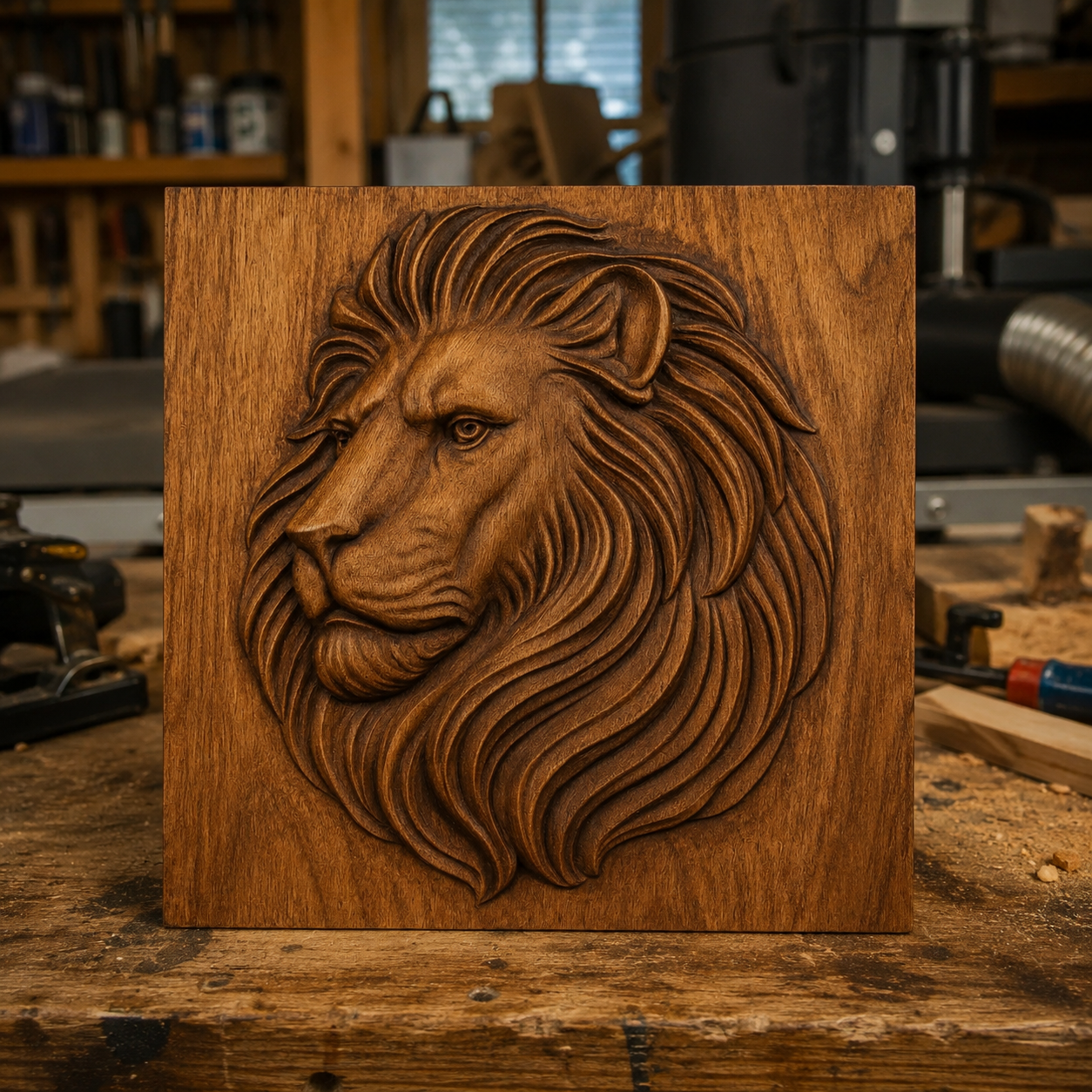 The Lion Head Portrait CNC Relief STL File by Form Arcade, perfect for creating striking lion CNC wall art, is showcased on a workbench surrounded by woodworking tools—an inspiring project for any craftsman.