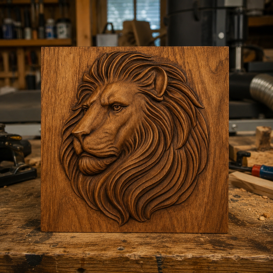 The Lion Head Portrait CNC Relief STL File by Form Arcade, perfect for creating striking lion CNC wall art, is showcased on a workbench surrounded by woodworking tools—an inspiring project for any craftsman.