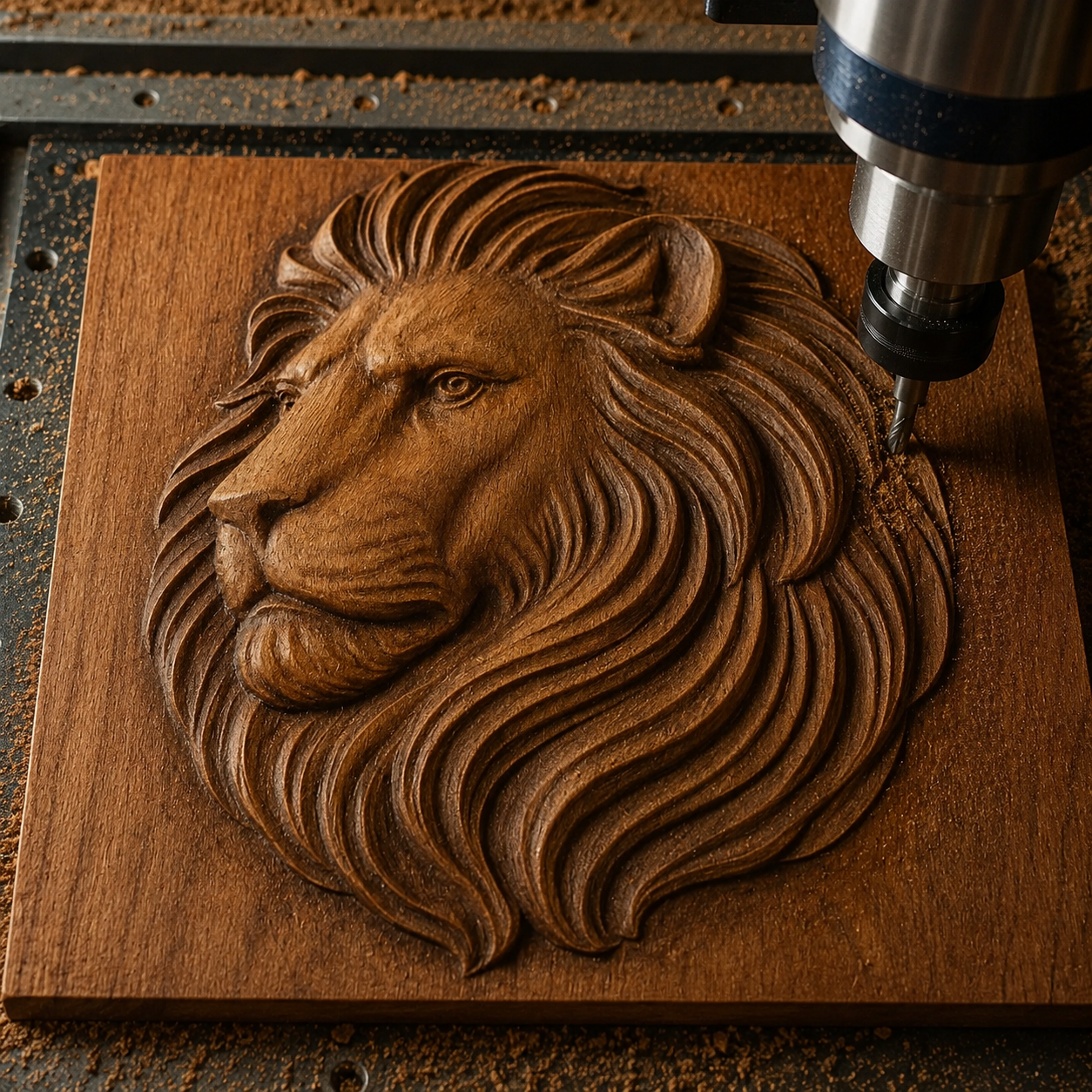 A CNC machine uses the Lion Head Portrait CNC Relief STL File by Form Arcade to carve a detailed lion wall art with a flowing mane into wood, creating lifelike features and intricate textures for an impressive woodworking project.