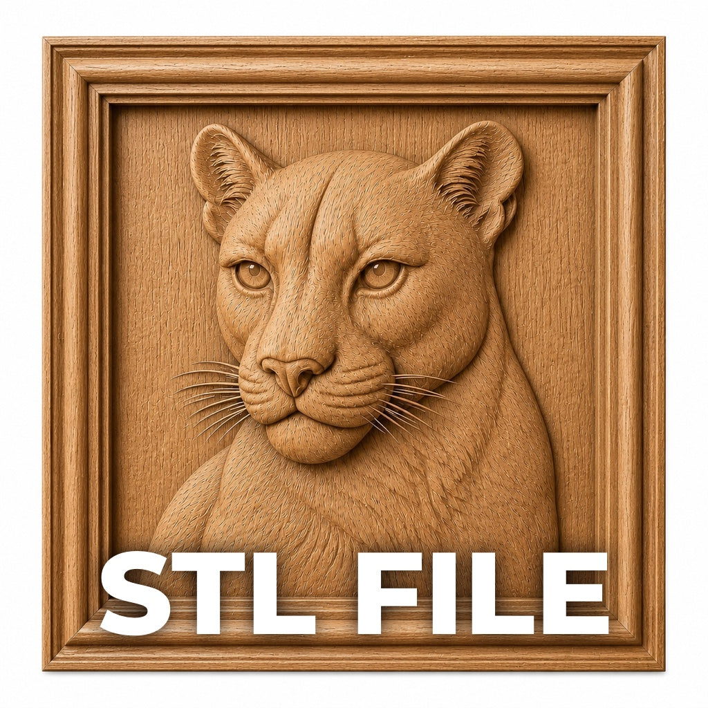 The Mountain Lion Portrait Relief STL File by Form Arcade features a detailed lion head in a square frame, labeled “STL FILE”—perfect for CNC wall art or woodworking relief carving projects.