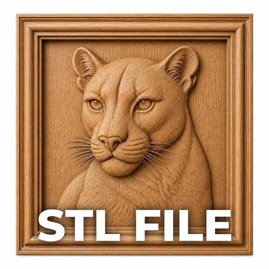 The Mountain Lion Portrait Relief STL File by Form Arcade features a detailed lion head in a square frame, labeled “STL FILE”—perfect for CNC wall art or woodworking relief carving projects.