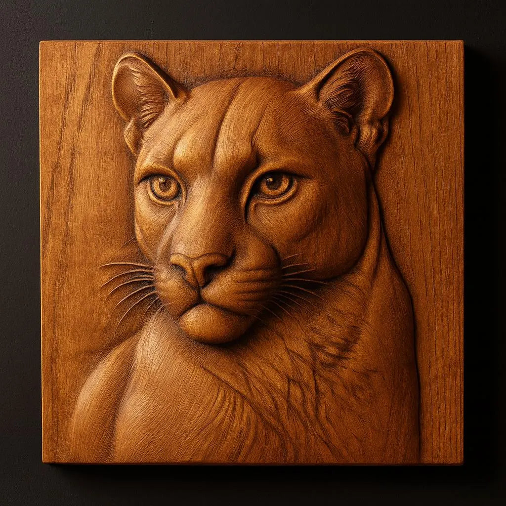 The Mountain Lion Portrait Relief STL File by Form Arcade features a lifelike cougar head and upper body carved on a square panel, inspired by Lion CNC Wall Art designs with detailed facial features and realistic fur texture.