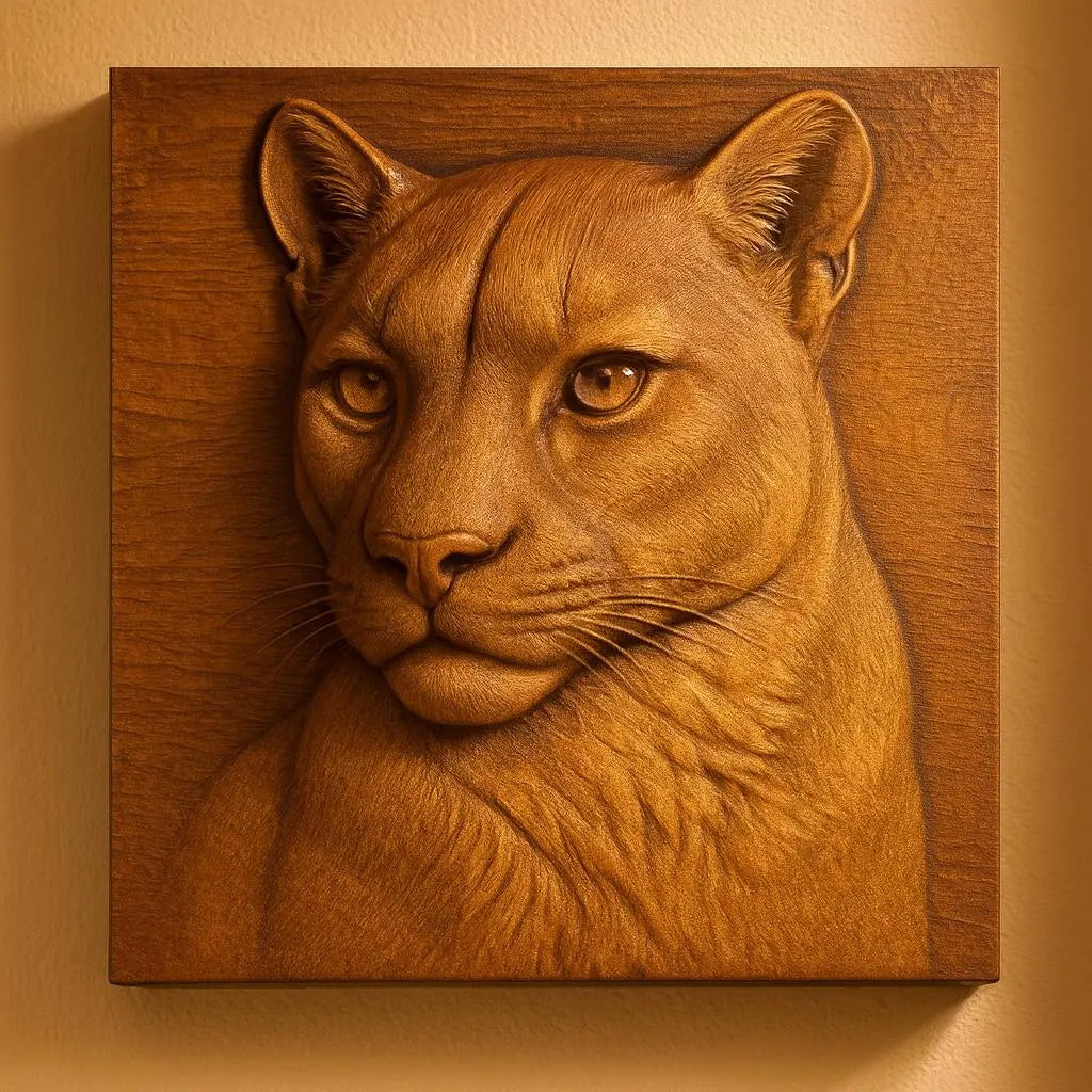 Showcasing the Mountain Lion Portrait Relief STL File by Form Arcade, this detailed wall art captures a cougar’s head and upper body—ideal for CNC carving or as a Lion portrait relief for 3D printing projects.