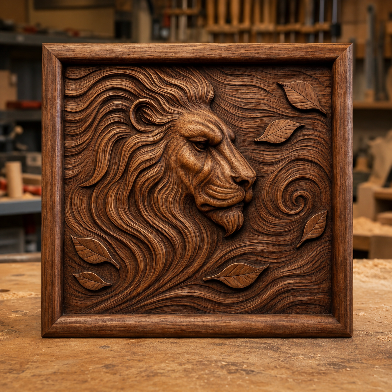 A Lion Portrait Flowing Mane Relief STL File by Form Arcade—a wildlife CNC wall art design featuring a lion's head with a flowing mane and leaves framed in a square—is showcased on a workshop table, surrounded by woodworking tools and shelves blurred in the background.