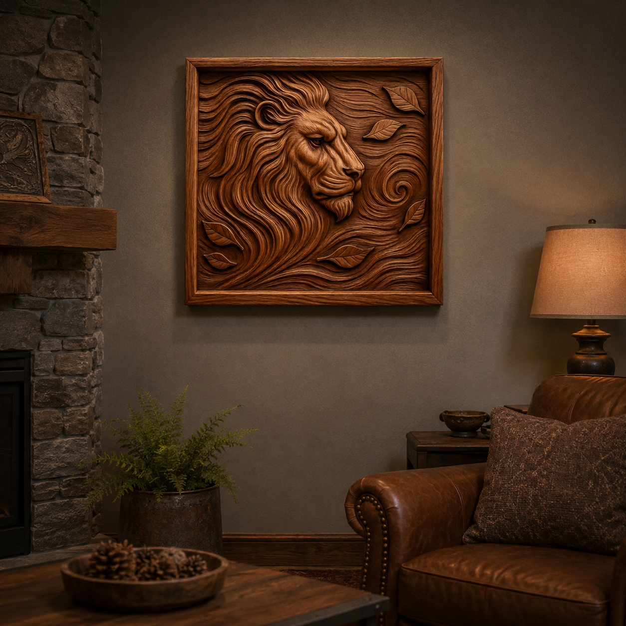 Cozy living room with a leather chair, lamp, and stone fireplace. Above the chair is the Lion Portrait Flowing Mane Relief STL File | Wildlife CNC Wall Art from Form Arcade, featuring detailed wooden lion wall art inspired by CNC relief designs. A plant and pinecones decorate the wooden coffee table.