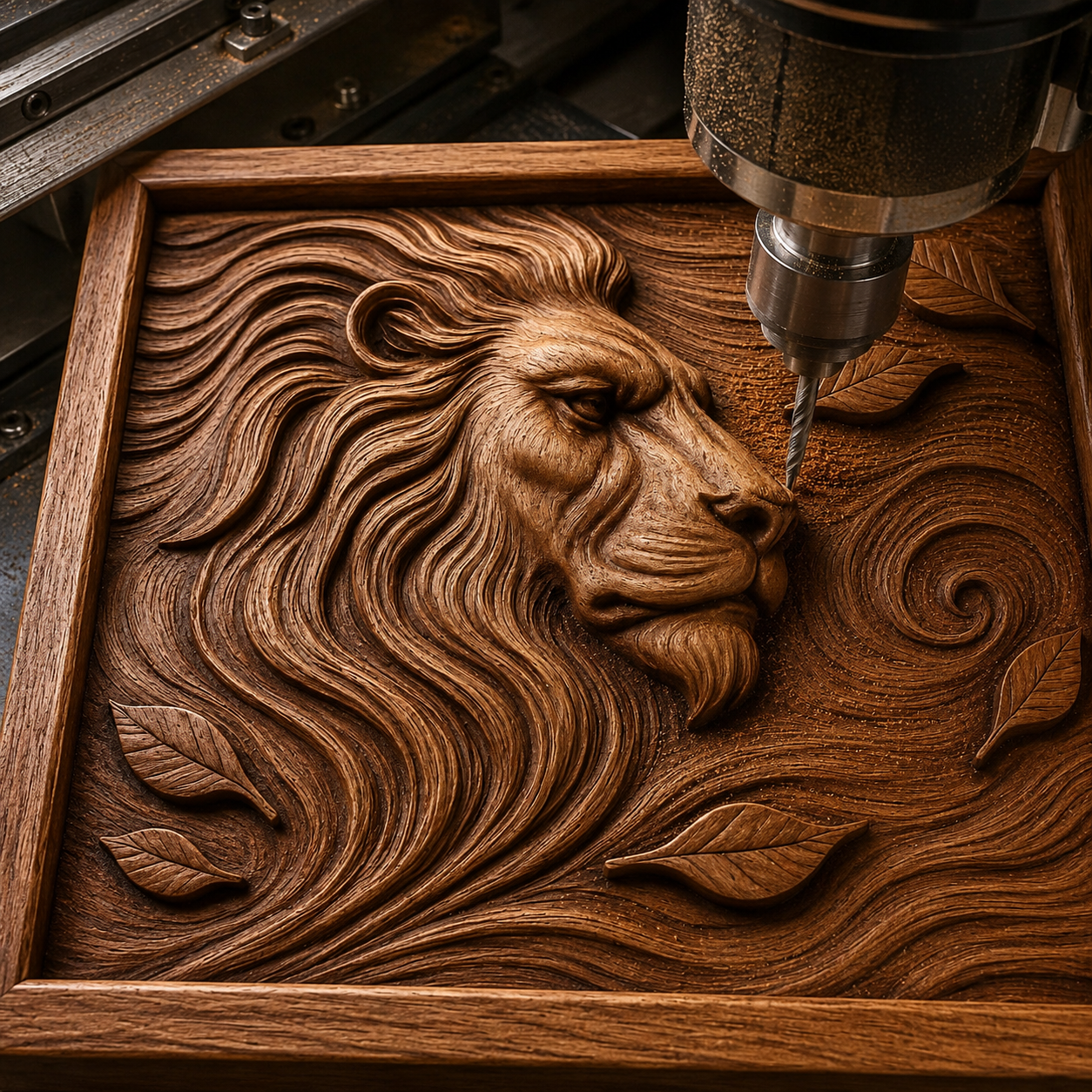 A CNC machine carves the Lion Portrait Flowing Mane Relief—a highly detailed wildlife design by Form Arcade—into a wooden panel, showcasing artistic craftsmanship perfect for stunning CNC wall art or as a unique lion relief centerpiece.