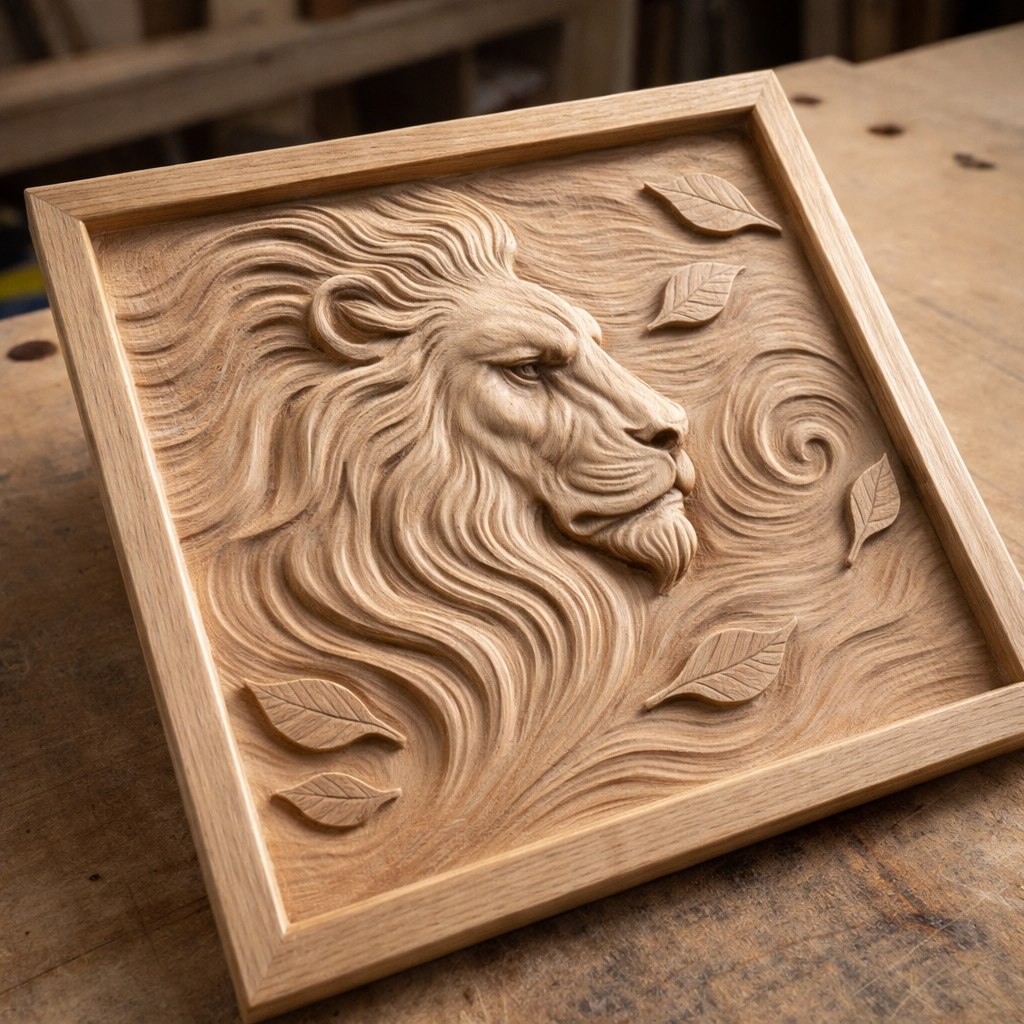 CNC carved lion portrait wood panel on workbench showing clean toolpaths detailed flowing mane and realistic carving finish