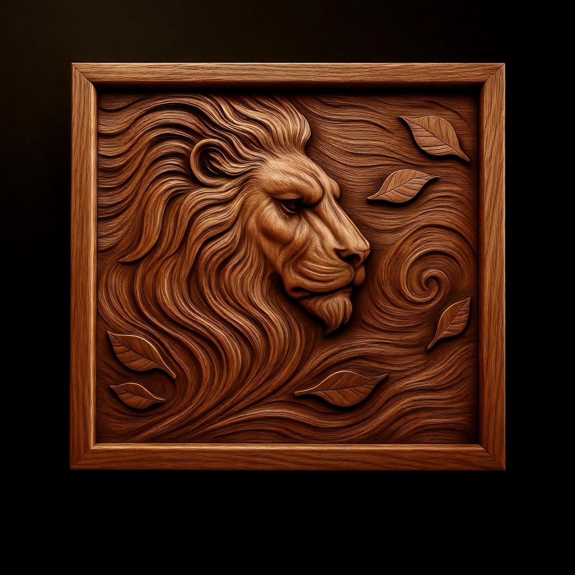 Detailed lion portrait relief with flowing mane showing deep carved layers smooth transitions and optimized depth for CNC carving and 3D printing
