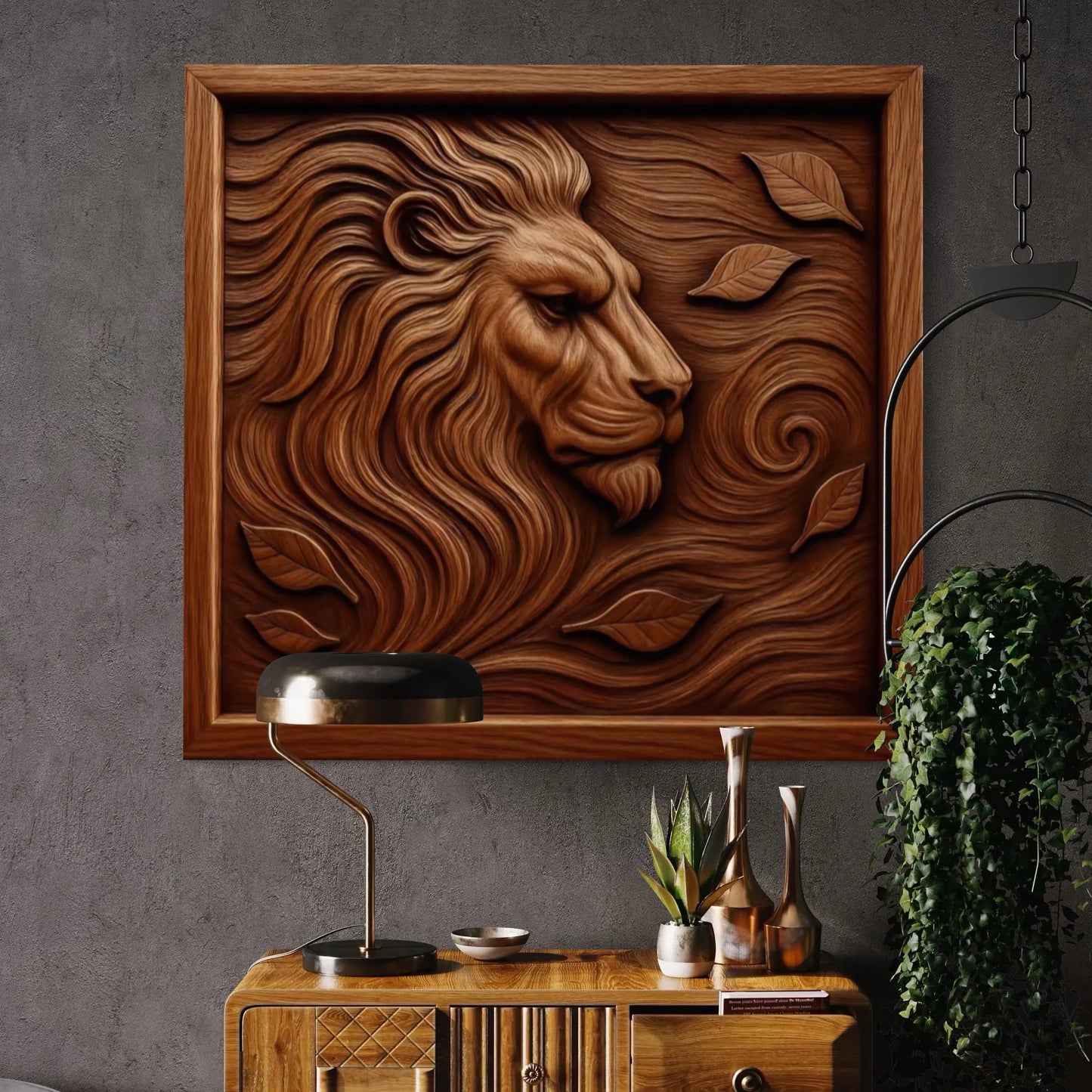 Lion portrait flowing mane relief displayed as framed wood wall art in interior setting showing finished CNC carved decorative panel