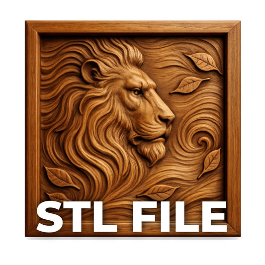 Lion portrait flowing mane relief STL file shown as CNC carved wood thumbnail featuring detailed mane and swirling design for wall art