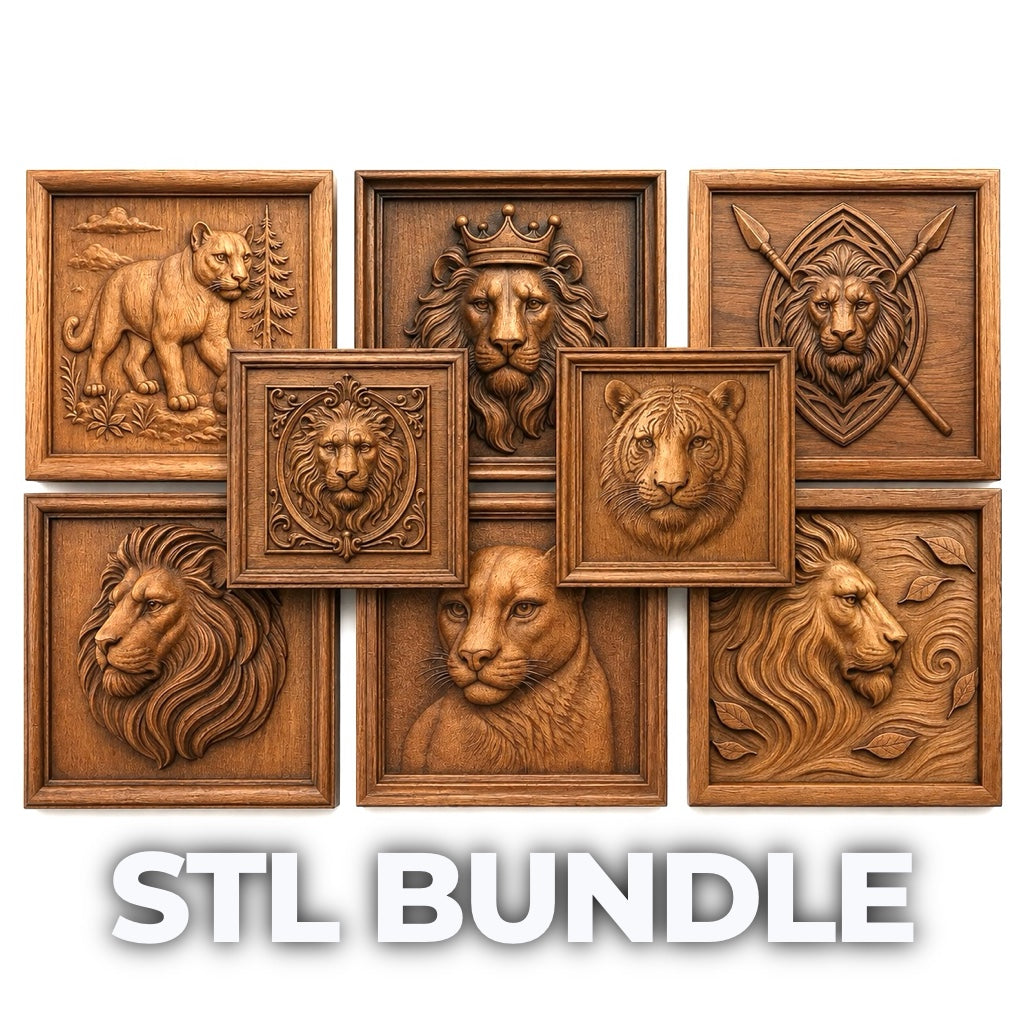 The Lion Relief Collection 8-Pack CNC STL Bundle by Form Arcade features intricately carved lion wall art, ideal for woodworking or CNC relief projects. Eight designs are arranged in a grid with “STL BUNDLE” in bold white text at the bottom.