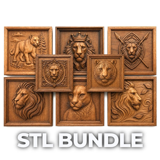 The Lion Relief Collection 8-Pack CNC STL Bundle by Form Arcade features intricately carved lion wall art, ideal for woodworking or CNC relief projects. Eight designs are arranged in a grid with “STL BUNDLE” in bold white text at the bottom.