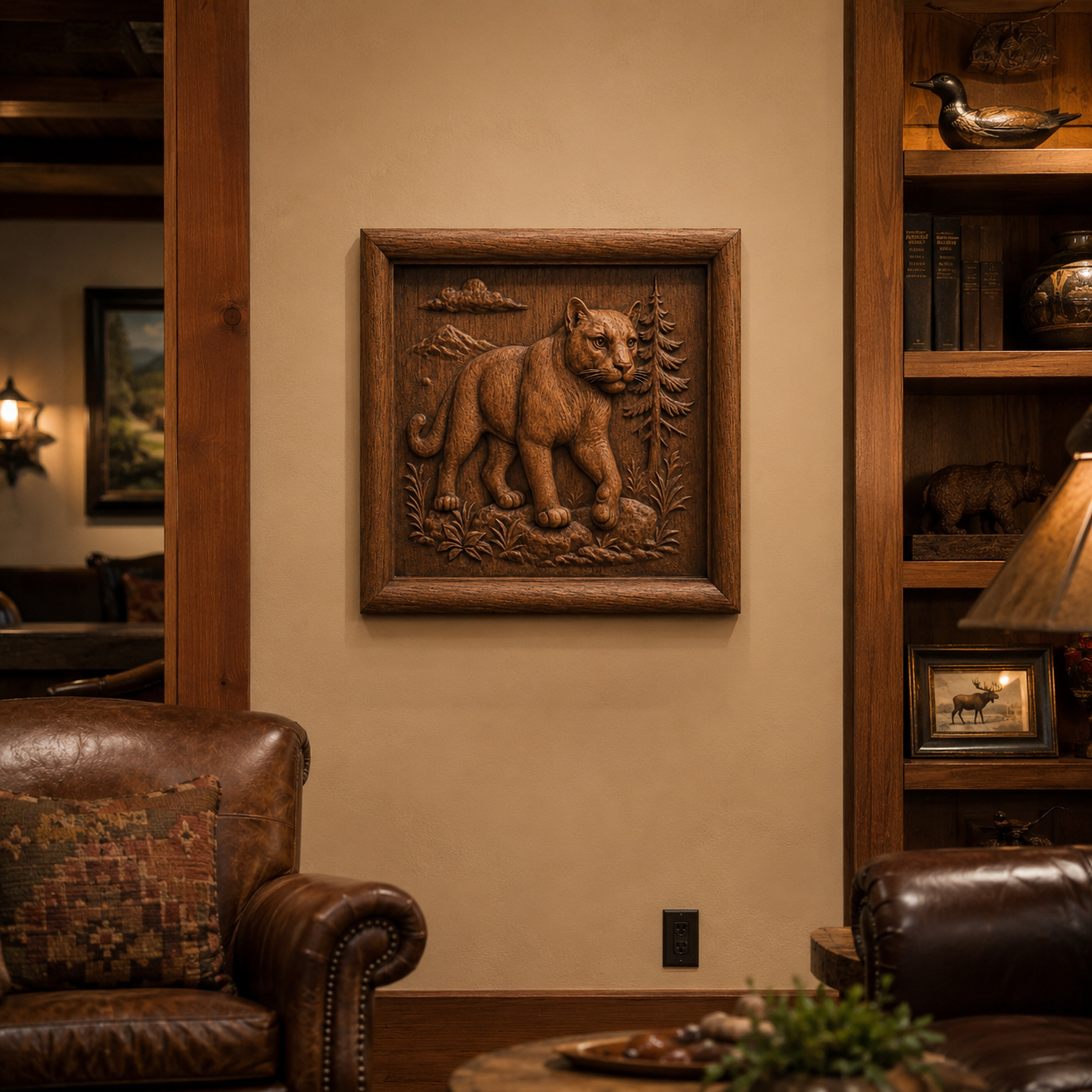 A cozy living room displays leather chairs, wooden shelves, and the Mountain Lion Relief STL File | Cougar CNC Wall Art by Form Arcade mounted on the wall amid plants. Warm lighting enhances the rustic and inviting atmosphere.