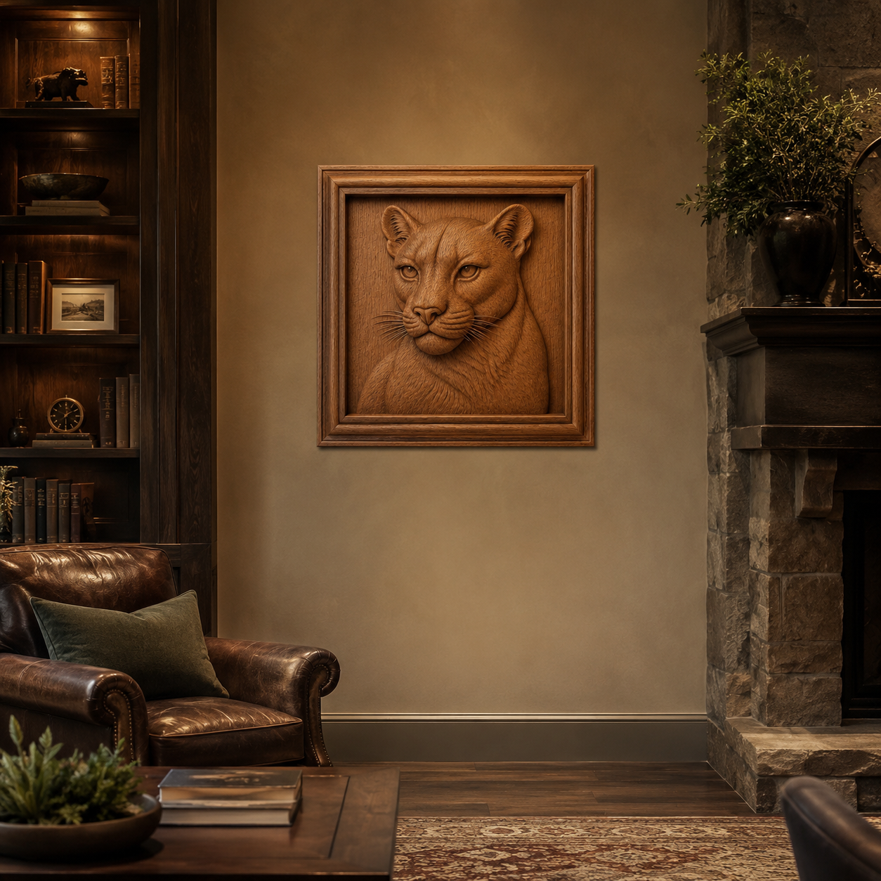 A cozy library with leather chairs, wooden shelves, a stone fireplace, and the "Mountain Lion Portrait Relief STL File | Lion CNC Wall Art" by Form Arcade mounted on the wall. Warm lighting highlights its exquisite CNC relief carving craftsmanship.