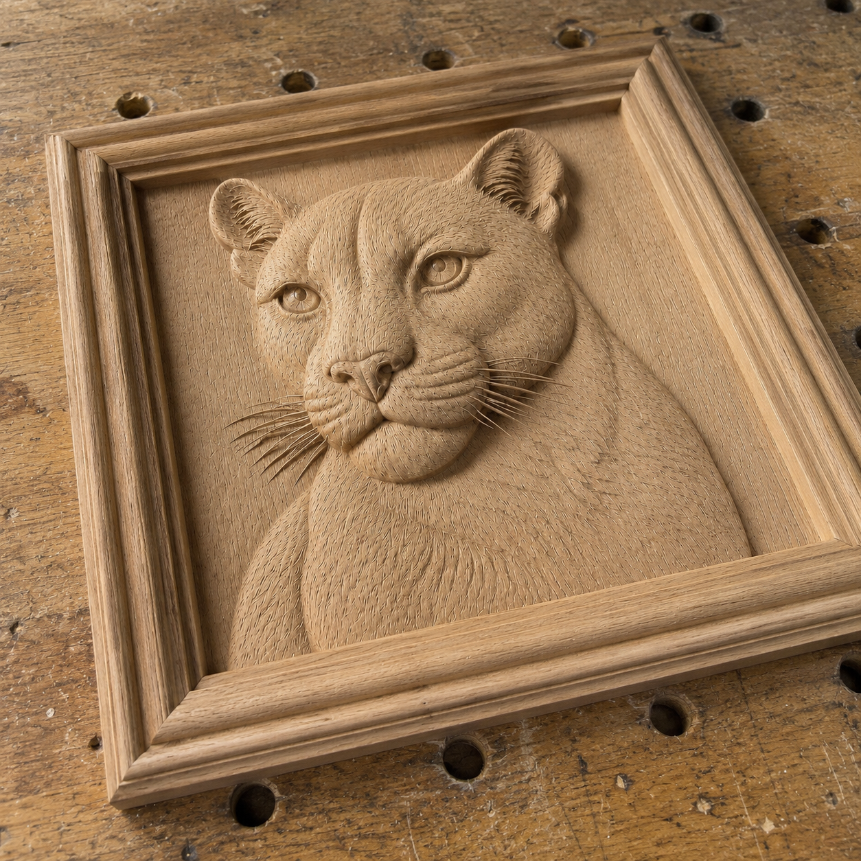 The Mountain Lion Portrait Relief STL File by Form Arcade features lifelike facial details and textures, perfect for CNC wall art. Shown framed on a workbench with circular holes, this digital file brings nature’s majesty to your next project.