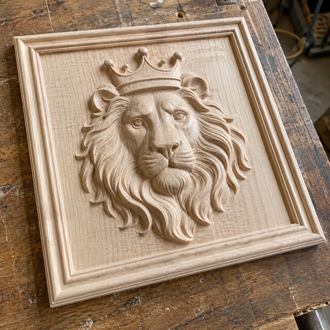 The Crowned Lion King Relief STL File by Form Arcade is a wildlife CNC wall art design featuring a detailed, framed wooden bas relief of a lion’s head with a crown.