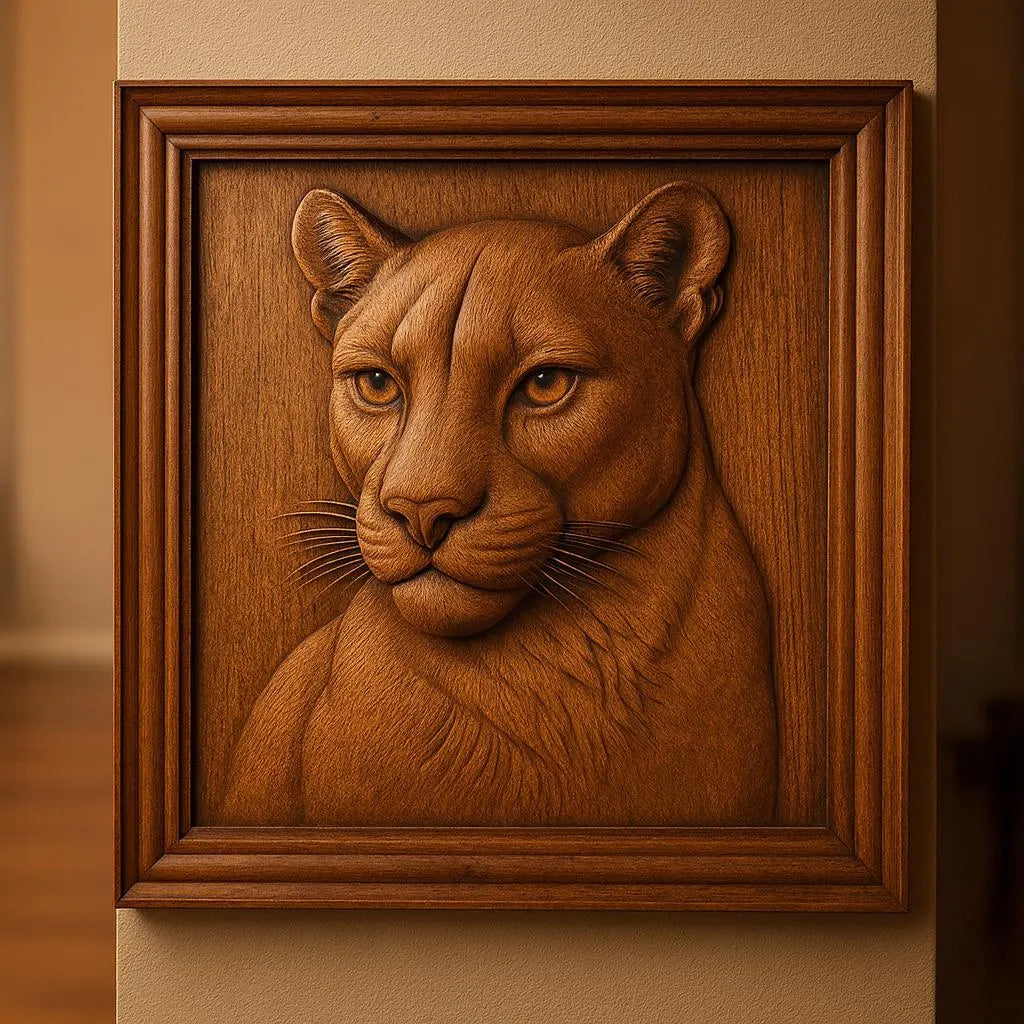 The Mountain Lion Portrait Relief STL File by Form Arcade showcases a detailed cougar head and upper body, designed for CNC wall art. Mounted on a beige wall, the artwork highlights lifelike facial features and fur texture.