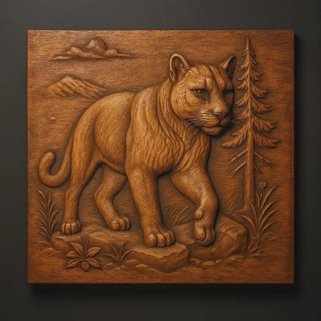 The Form Arcade Wildlife Animal 6-Pack Relief STL Bundle features CNC wall art designs, including a detailed mountain lion walking on rocks amid trees and mountains—ideal as decorative wall art.