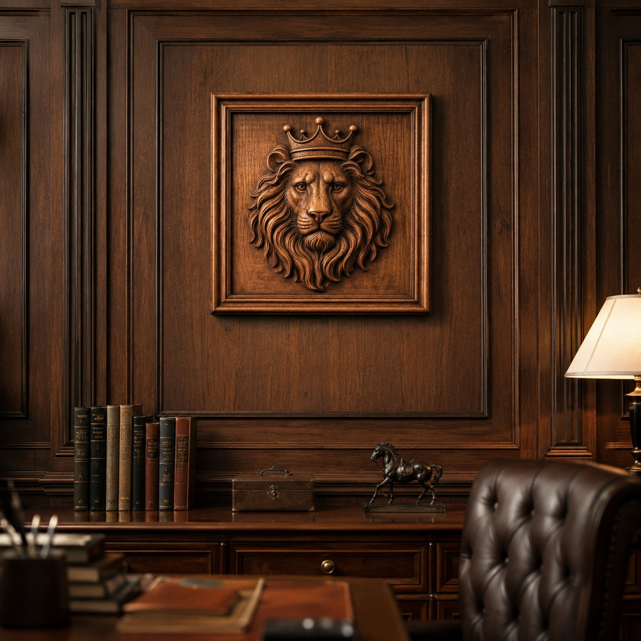 A richly decorated wooden office features Form Arcade’s Crowned Lion King Relief STL File—wildlife CNC wall art—surrounded by shelves of books, a desk lamp, a horse statuette, and a leather chair in the foreground.