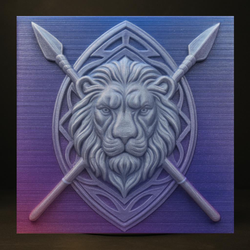 Lion spear crest relief STL shown as 3D printed version highlighting sculpted lion face crossed spears and layered depth detail