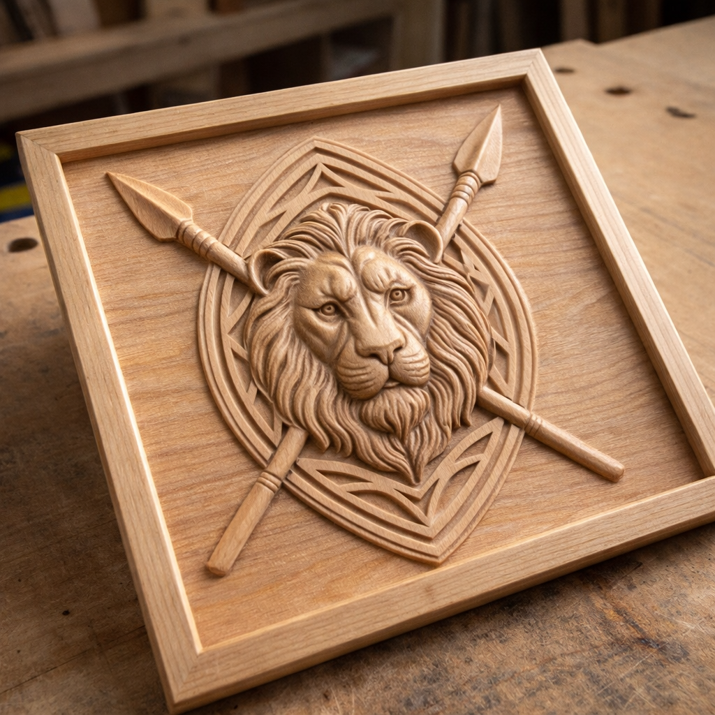 CNC carved lion spear crest wood panel on workbench showing clean toolpaths detailed carving depth and finished relief texture