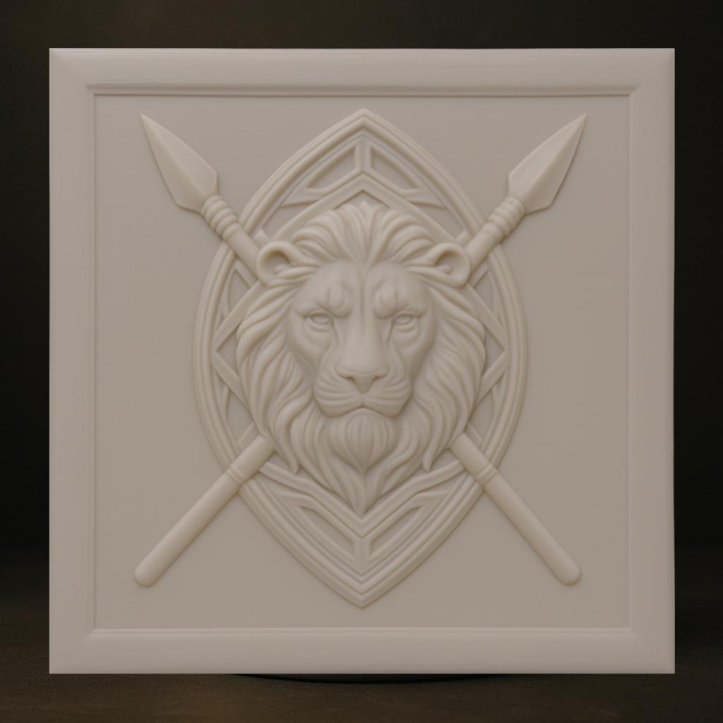 Detailed lion spear crest relief showing carved lion head crossed spears and layered shield design optimized for CNC carving and 3D printing