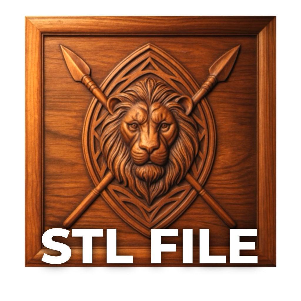 Lion spear crest relief STL file shown as CNC carved wood thumbnail featuring heraldic lion head with crossed spears for wall art design