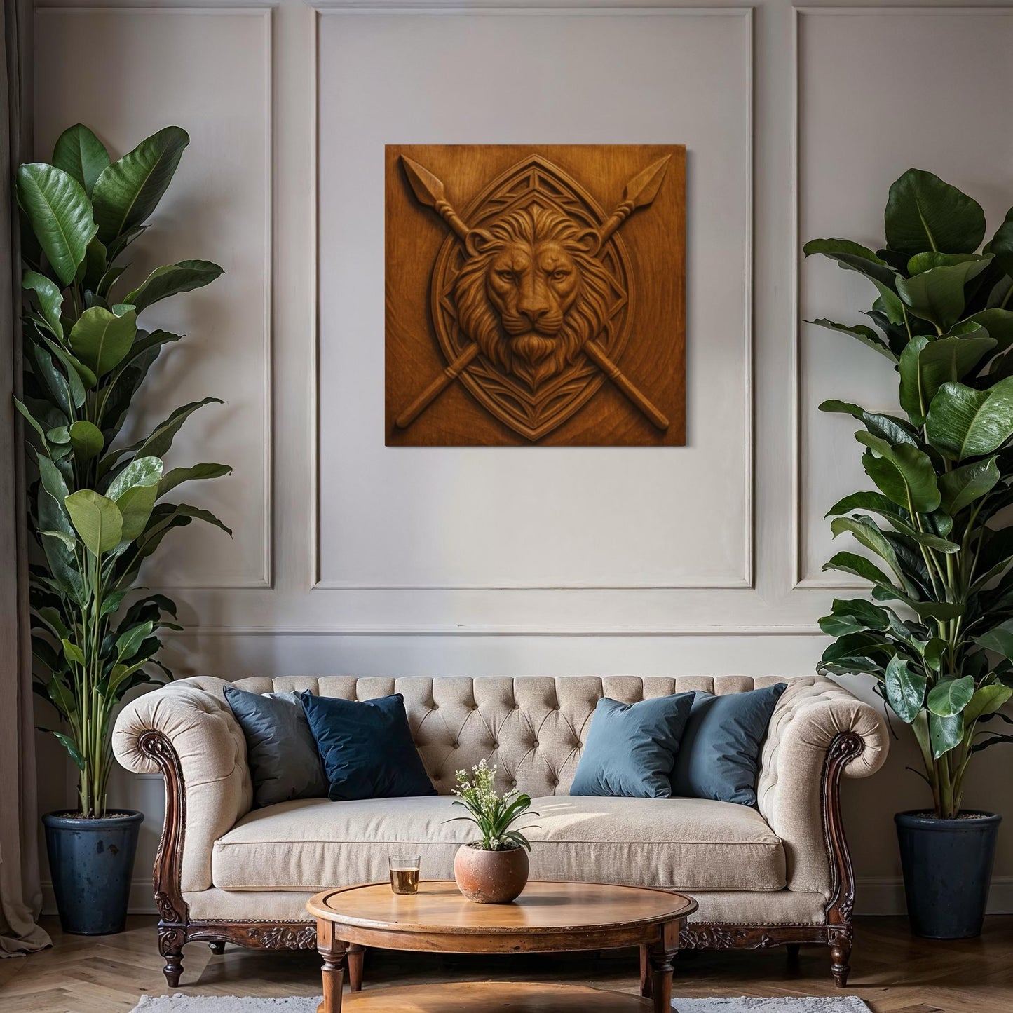 Lion spear crest relief displayed as framed wood wall art in living room setting showing finished CNC carved heraldic panel decor