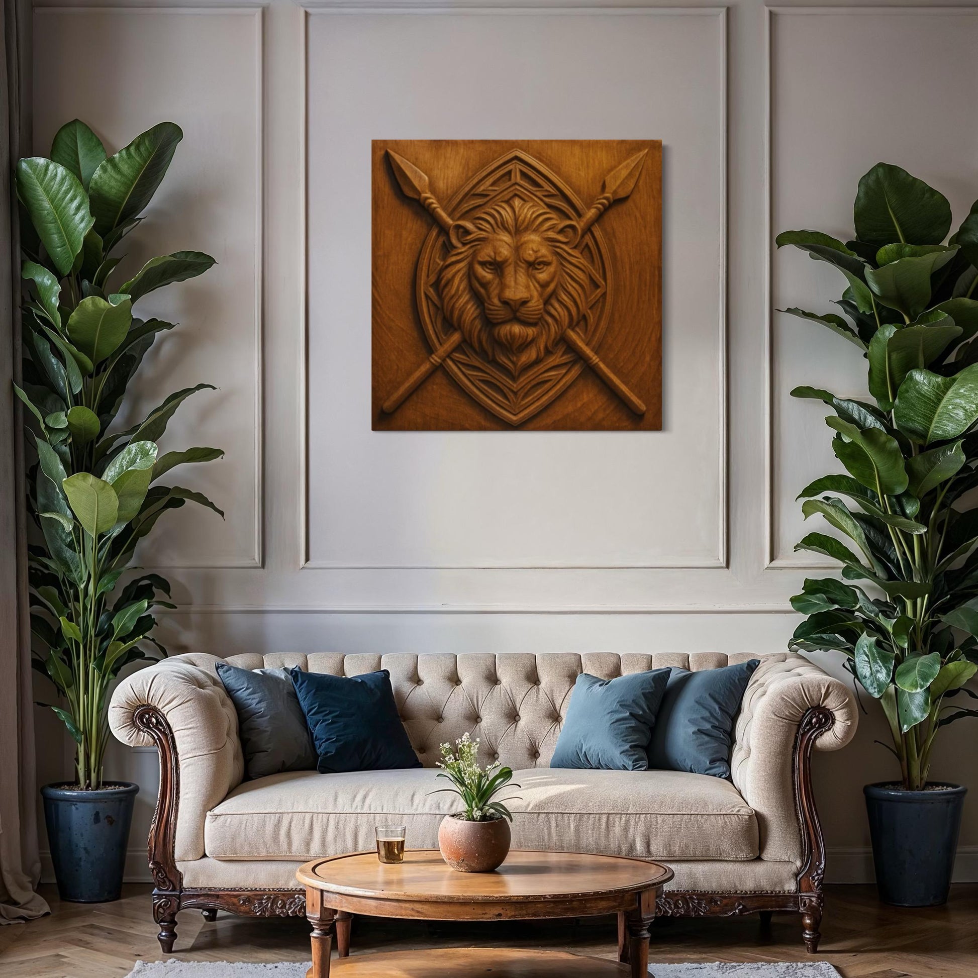 Lion spear crest relief displayed as framed wood wall art in living room setting showing finished CNC carved heraldic panel decor