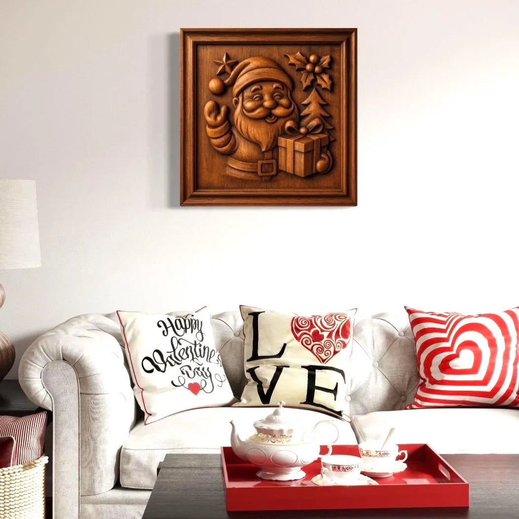 Wood carved Santa relief panel mounted above a couch in a living room, showing finished CNC wall art with warm lighting and realistic wood texture.