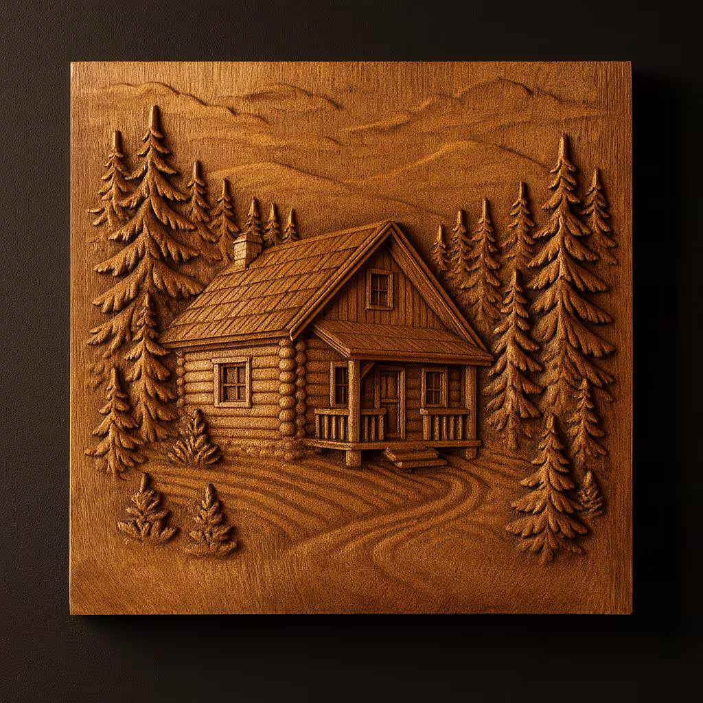 Close up CNC relief carving of a log cabin in a forest setting with tall pine trees and flowing ground contours, carved in warm wood with smooth bas relief transitions and visible grain, designed for CNC machining and 3D printing, ideal for rustic home decor, cabin wall art, and nature themed woodworking projects with strong depth and detail  