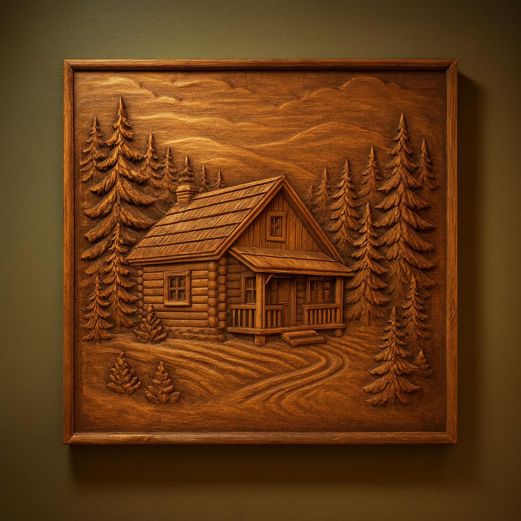 Framed wooden CNC relief carving of a log cabin surrounded by trees and natural landscape, displayed as finished wall art with warm lighting and detailed bas relief depth, designed for CNC carving and compatible with 3D printing, perfect for rustic interior decor, cabin style wall art, and handcrafted woodworking display pieces  