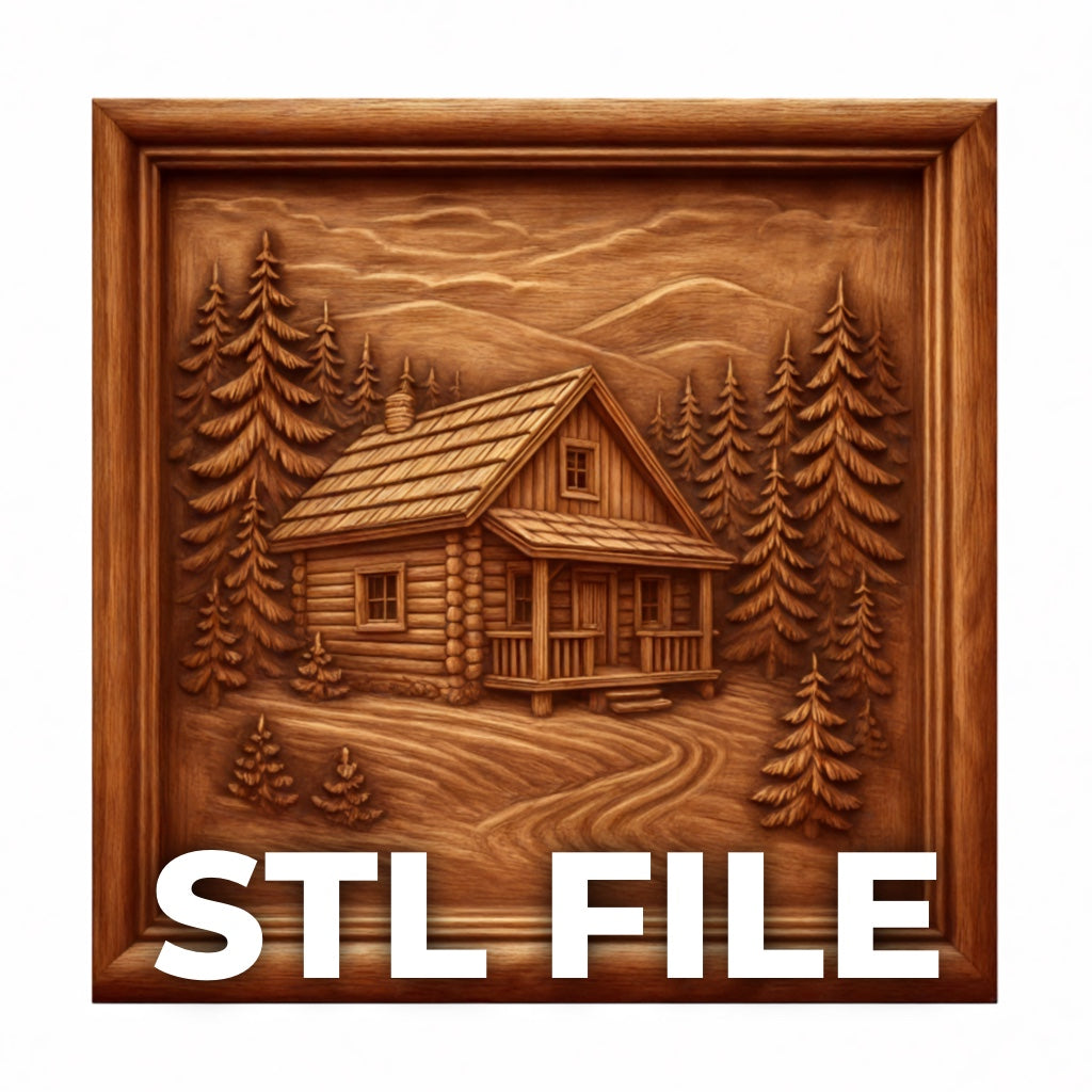 Log cabin forest CNC relief carving shown as a framed wooden panel with STL file overlay text, featuring a rustic cabin surrounded by pine trees and rolling terrain, detailed bas relief with natural wood grain and depth, designed for CNC carving and 3D printing, ideal for cabin decor, rustic wall art, and woodland themed woodworking projects  