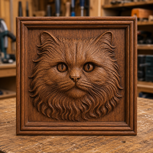 The Longhair Cat Portrait Relief STL File by Form Arcade showcases a CNC wall art design featuring a detailed wooden relief sculpture of a longhaired cat’s face framed within a square border, displayed on a wooden workbench with blurred tools and workshop items in the background.