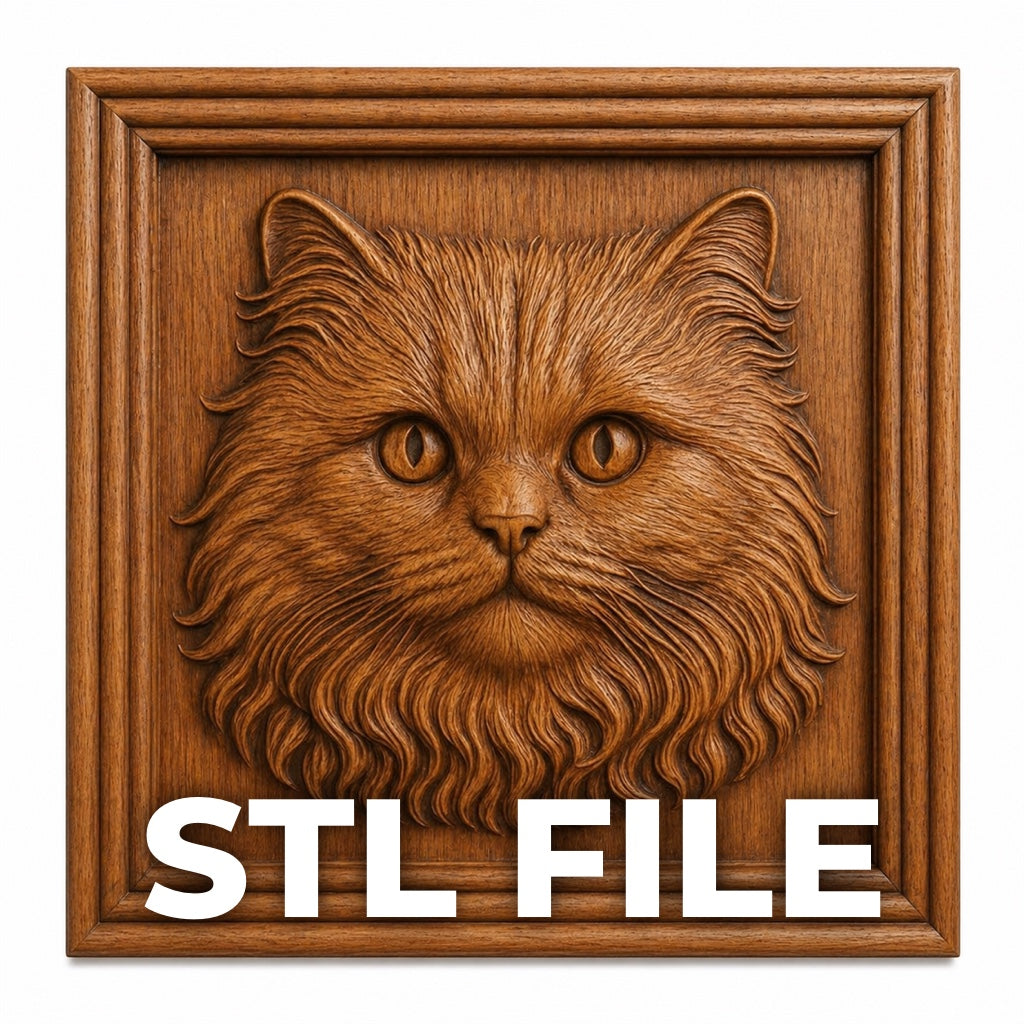 Form Arcade’s Longhair Cat Portrait Relief STL File | Wildlife CNC Wall Art features a detailed wood-carved design in a square wooden frame, ideal for woodworking or CNC and marked “STL FILE” at the bottom in bold white letters.