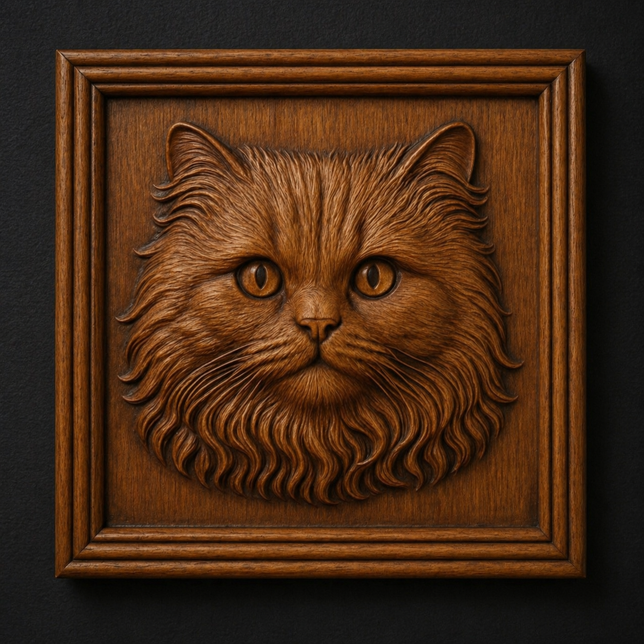 Experience intricate wall art with the Longhair Cat Portrait Relief STL File by Form Arcade, featuring lifelike sculpted fur in a square design—perfect for CNC woodworking and wildlife décor.