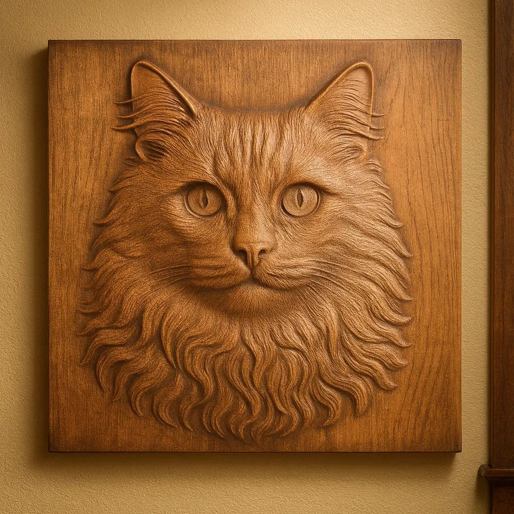 Form Arcade’s Longhair Cat Portrait Relief STL File for Wildlife CNC Wall Art depicts a lifelike long-haired cat’s face with detailed fur texture and expressive features, designed for square-frame display.