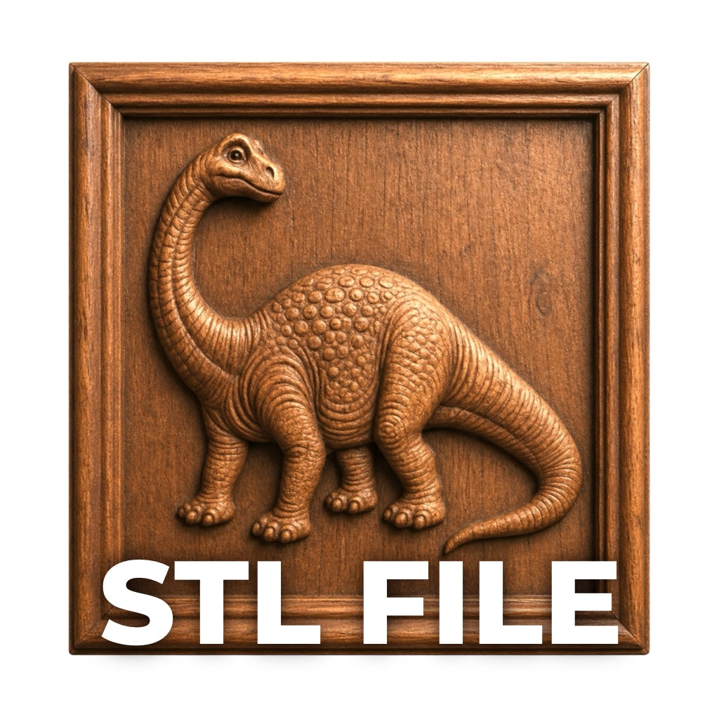 The Brachiosaurus Relief STL File by Form Arcade features a wooden bas relief dinosaur design in a rectangular frame, ideal for CNC wall art or woodworking projects. "STL FILE" is boldly displayed at the bottom.