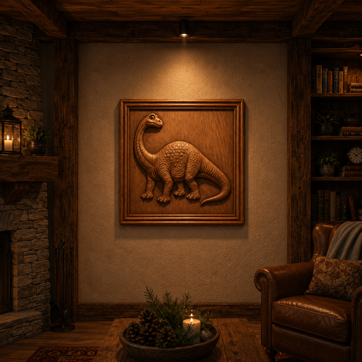 A cozy living room with a leather armchair, stone fireplace, and shelves features the Form Arcade Brachiosaurus Relief STL File Dinosaur CNC Wall Art, beautifully illuminated in a framed wooden bas-relief.