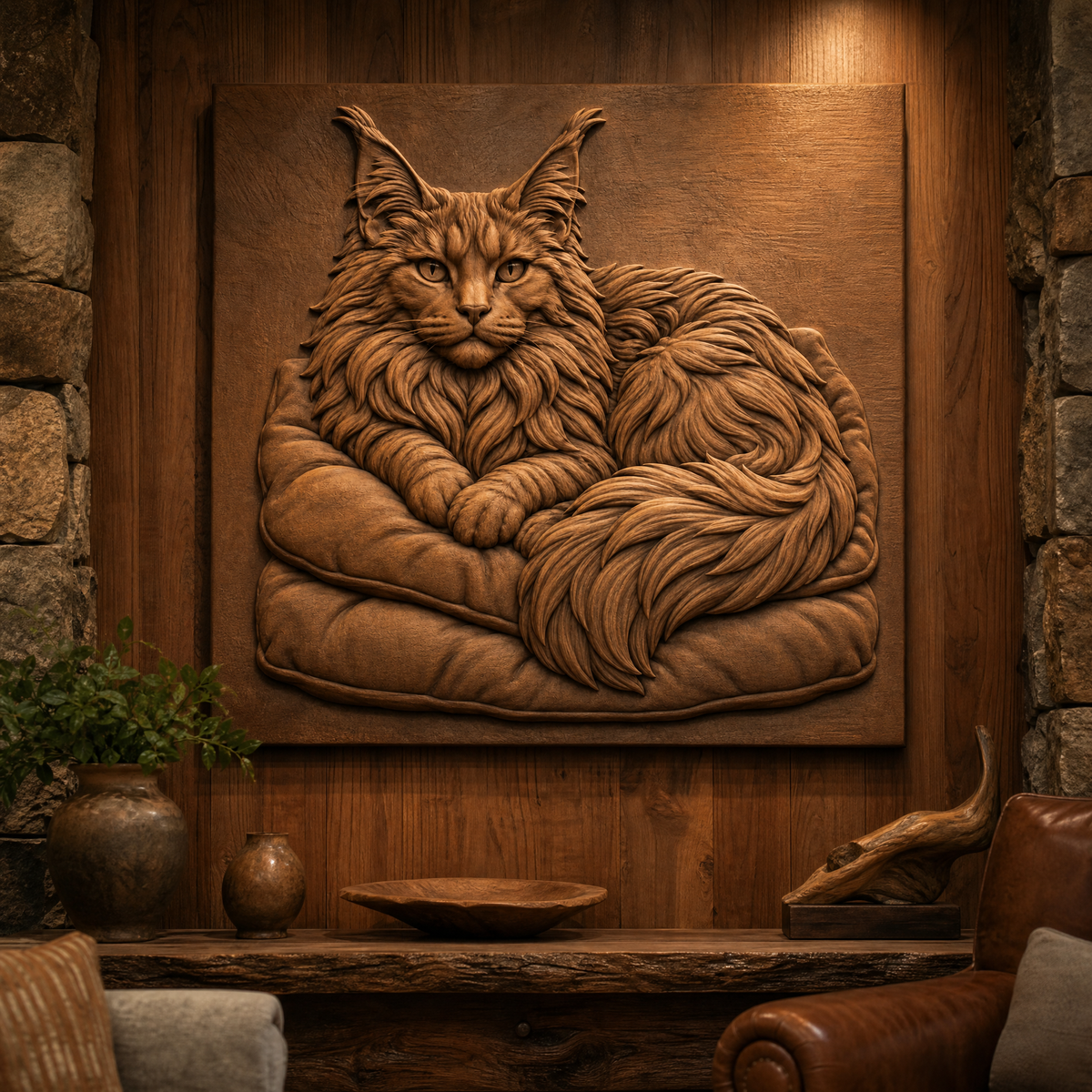 Framed Maine Coon CNC relief mounted on a wood-paneled wall above a rustic shelf in a warm room.