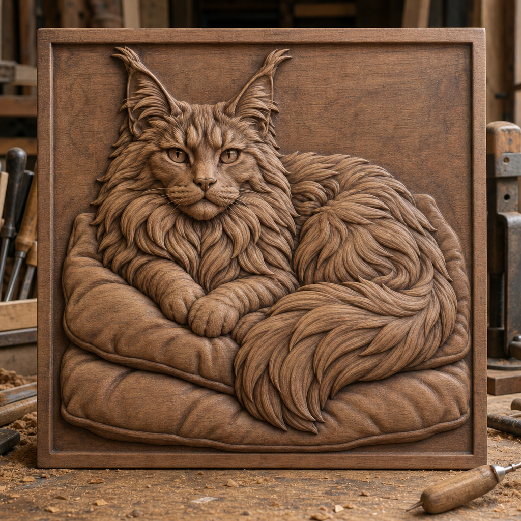 Framed CNC wood relief of a long-haired Maine Coon resting on layered cushions, shown in a workshop.