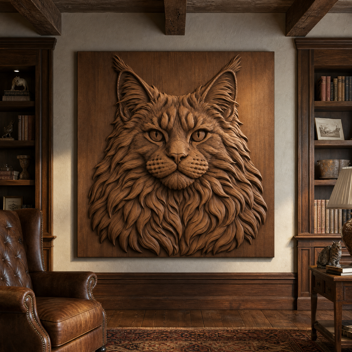 Frontal Maine Coon CNC relief mounted on a wall in a traditional room with bookshelves and leather seating.