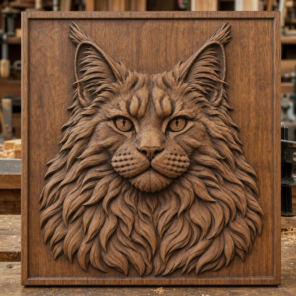 Framed CNC wood relief of a frontal Maine Coon cat, with tall ears, alert eyes, whiskers, and layered mane.