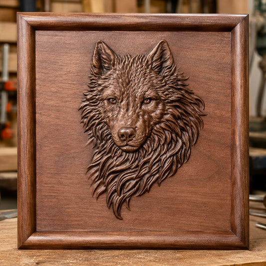Introducing the Majestic Wolf Head Relief STL File by Form Arcade—a stunning piece of wolf wildlife CNC wall art. This digital design features a beautifully detailed wolf head in relief, showcasing intricate fur textures and mounted on a square background, framed with a simple wooden border. Perfect for CNC carving enthusiasts and woodworking projects looking to add striking animal artistry to their creations.