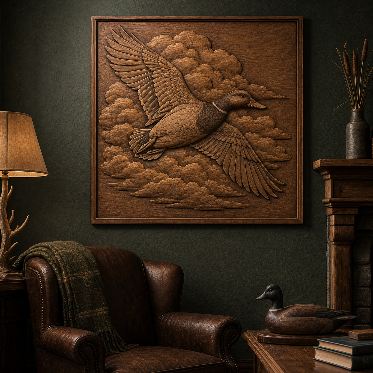 Framed mallard CNC wood relief with layered clouds hangs on a dark wall above a leather chair.