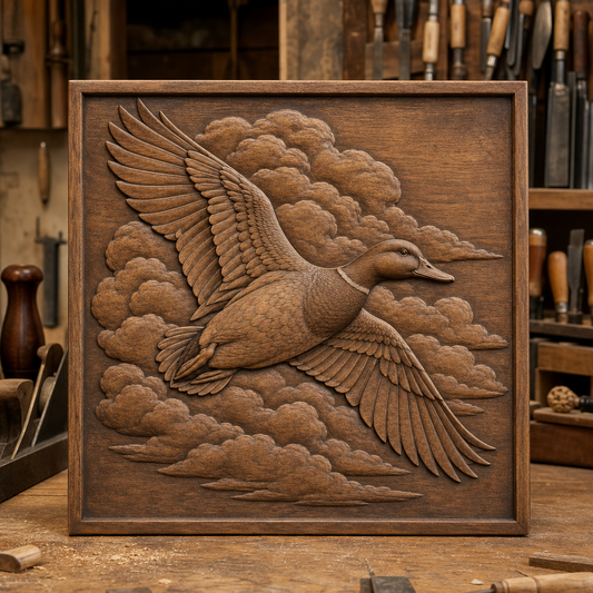 Framed wooden CNC relief of a flying mallard with layered clouds, displayed on a workshop bench.