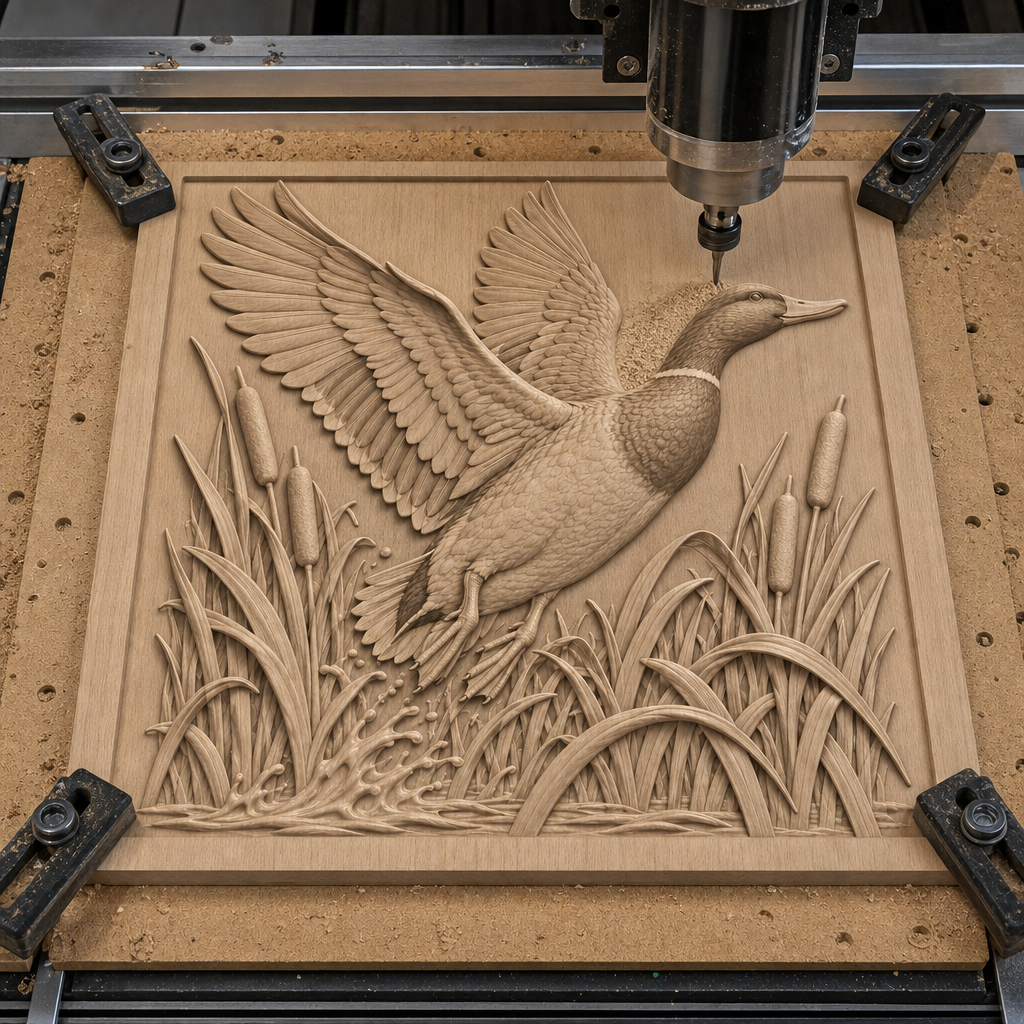 CNC router cutting a wooden relief of a mallard with spread wings, reeds, cattails, and rippling water on a clamped panel.