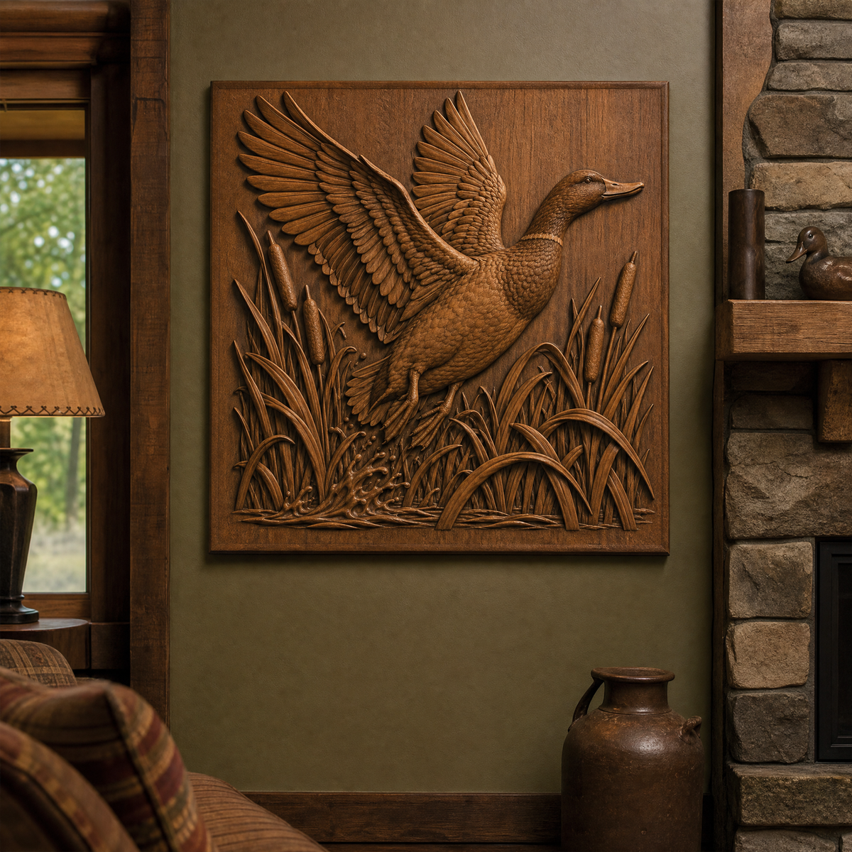 Framed CNC wood relief of a mallard flying above reeds and rippling water, displayed as wall art in a rustic room.