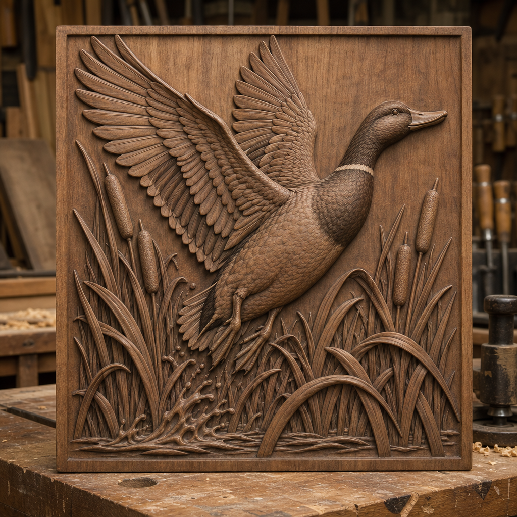 Detailed CNC wood relief of a mallard with wings spread above reeds and rippling water, shown on a framed wooden panel.