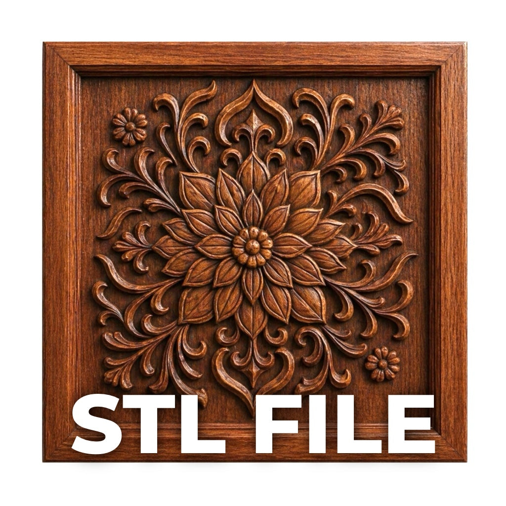 A square wooden panel displays an intricate mandala floral relief in CNC style. "STL FILE" is shown in bold white letters at the bottom. Product: Mandala Floral Relief STL File | Decorative Mandala CNC Wall Art by Form Arcade.